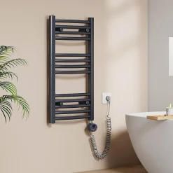 EMKE Sèche-serviettes électrique avec thermostat 75 x 40 cm, radiateur de salle de bain incurvé, gris anthracite, 250 watts
