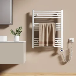 Sèche-Serviettes Électrique|EMKE Sèche-serviettes électrique avec thermostat 75 x 60 cm, radiateur de salle de bain incurvé, blanc brillant, 300 watts