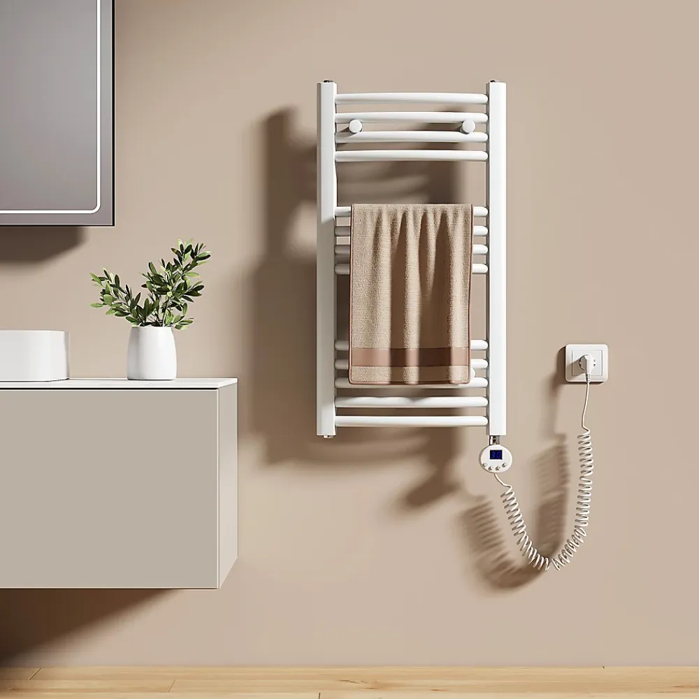 EMKE Sèche-serviettes électrique avec thermostat 75 x 40 cm, radiateur de salle de bain incurvé, blanc brillant, 250 watts