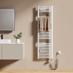 Sèche-Serviettes Électrique|EMKE Sèche-serviettes électrique avec thermostat 140 x 40 cm, radiateur de salle de bain incurvé, blanc brillant, 500 watts