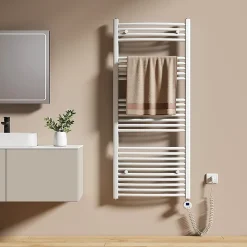 Sèche-Serviettes Électrique|EMKE Sèche-serviettes électrique avec thermostat 140 x 60 cm, radiateur de salle de bain incurvé, blanc brillant, 600 watts
