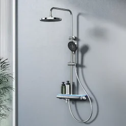 EMKE Système de Douche avec Thermostat, Chrome, Éclairage LED, Douche à Effet Pluie, 3 Modes de Jet, Bec de Sortie Inférieur