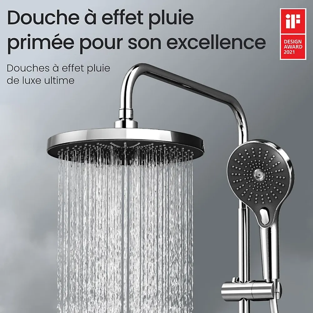 EMKE Système de Douche avec Thermostat, Chrome, Éclairage LED, Douche à Effet Pluie, 3 Modes de Jet, Bec de Sortie Inférieur