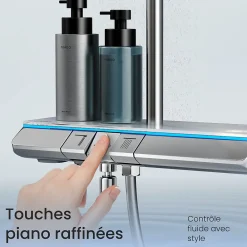 EMKE Système de Douche avec Thermostat, Chrome, Éclairage LED, Douche à Effet Pluie, 3 Modes de Jet, Bec de Sortie Inférieur