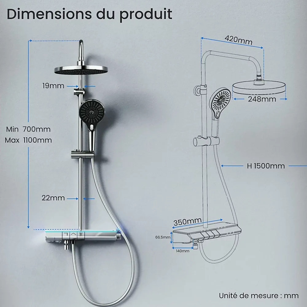 EMKE Système de Douche avec Thermostat, Chrome, Éclairage LED, Douche à Effet Pluie, 3 Modes de Jet, Bec de Sortie Inférieur