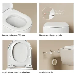 Wc Suspendu|EMKE Toilettes Suspendue 555x365x355 mm Blanc Brillant, Design Sans Bord, Abattant à Fermeture Douce et Démontage Facile