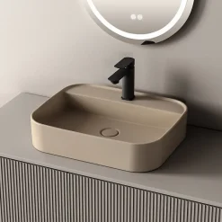 Vasque À Poser|EMKE Vasque à Poser 40 x 50 x 11 cm, Lavabo Rectangulaire en Céramique pour Salle de Bain, Coins Arrondis R, Beige Mat
