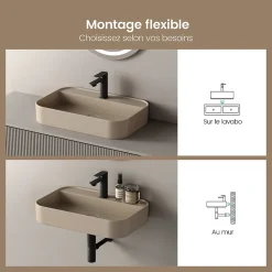 Vasque À Poser|EMKE Vasque à Poser 40 x 50 x 11 cm, Lavabo Rectangulaire en Céramique pour Salle de Bain, Coins Arrondis R, Beige Mat