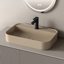 Vasque À Poser|EMKE Vasque à Poser 40 x 60 x 11 cm, Lavabo Rectangulaire en Céramique pour Salle de Bain, Coins Arrondis R, Beige Mat