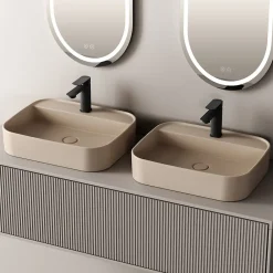 Vasque À Poser|EMKE Vasque à Poser 40 x 60 x 11 cm, Lavabo Rectangulaire en Céramique pour Salle de Bain, Coins Arrondis R, Beige Mat