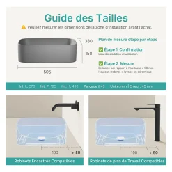 EMKE Vasque à Poser 505 x 380 x 150 mm, Lavabo Rectangulaire en Céramique pour Salle de Bain, Coins Arrondis R, Gris Foncé Mat