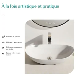 EMKE Vasque à Poser en céramique 35x27x11cm, Lavabo salle de bain Ovale, Lavabo à poser blanc brillant