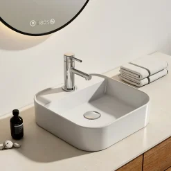 Vasque À Poser|EMKE Vasque à Poser en céramique 40x40x11cm, Lavabo Carré avec robinet trou prépercé, Lavabo à poser blanc brillant