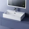 EMKE Vasque à Poser en céramique 51,5x36,5x13cm, Lavabo rectangulaire avec robinet trou prépercé, Lavabo à poser blanc brillant