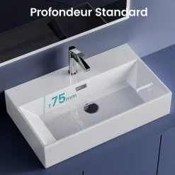 EMKE Vasque à Poser en céramique 51,5x36,5x13cm, Lavabo rectangulaire avec robinet trou prépercé, Lavabo à poser blanc brillant