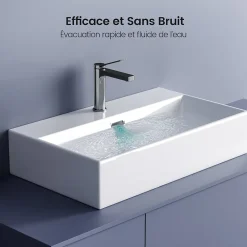 EMKE Vasque à Poser en céramique 51,5x36,5x13cm, Lavabo rectangulaire avec robinet trou prépercé, Lavabo à poser blanc brillant