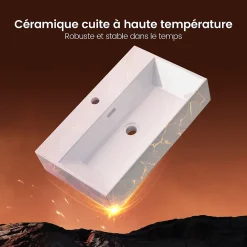 EMKE Vasque à Poser en céramique 51,5x36,5x13cm, Lavabo rectangulaire avec robinet trou prépercé, Lavabo à poser blanc brillant