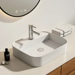 EMKE Vasque à Poser en céramique 50x40x11cm, Lavabo rectangulaire avec robinet trou prépercé, Lavabo à poser blanc brillant