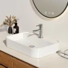 EMKE Vasque à Poser en céramique 60x40x11cm, Lavabo rectangulaire avec robinet trou prépercé, Lavabo à poser blanc brillant