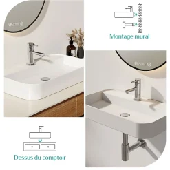 EMKE Vasque à Poser en céramique 60x40x11cm, Lavabo rectangulaire avec robinet trou prépercé, Lavabo à poser blanc brillant