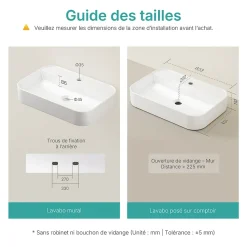 EMKE Vasque à Poser en céramique 60x40x11cm, Lavabo rectangulaire avec robinet trou prépercé, Lavabo à poser blanc brillant