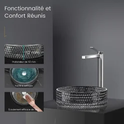 Vasque À Poser|EMKE Vasque à Poser Ronde, 360 x 360 x 112 mm, Lavabo en Verre Noir, Design Montage sur Comptoir