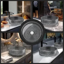 Vasque À Poser|EMKE Vasque à Poser Ronde, 360 x 360 x 112 mm, Lavabo en Verre Noir, Design Montage sur Comptoir