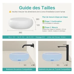 Vasque À Poser|EMKE Vasque à Poser Ronde 360 x 360 x 120mm, Lavabo de Salle de Bain en Céramique, Montage sur Comptoir, Blanc Brillant