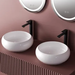 Vasque À Poser|EMKE Vasque à Poser Ronde 360 x 360 x 120mm, Lavabo de Salle de Bain en Céramique, Montage sur Comptoir, Blanc Brillant