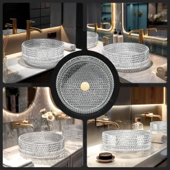 Vasque À Poser|EMKE Vasque à Poser Ronde, 360 x 360 x 112 mm, Lavabo en Verre Transparent, Design Montage sur Comptoir