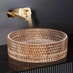 EMKE Vasque à Poser Ronde, 360 x 360 x 112 mm, Lavabo en Verre Or rose, Design Montage sur Comptoir