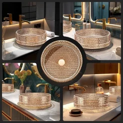 EMKE Vasque à Poser Ronde, 360 x 360 x 112 mm, Lavabo en Verre Or rose, Design Montage sur Comptoir