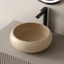 EMKE Vasque à Poser Ronde Incurvée 360 x 360 x 120mm, Lavabo de Salle de Bain en Céramique, Montage sur Comptoir, Beige mat