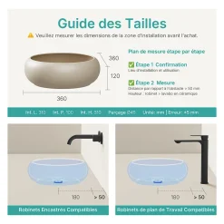 EMKE Vasque à Poser Ronde Incurvée 360 x 360 x 120mm, Lavabo de Salle de Bain en Céramique, Montage sur Comptoir, Beige mat