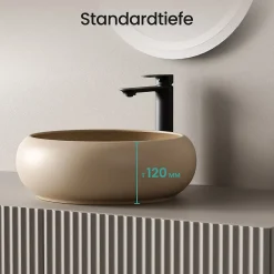 EMKE Vasque à Poser Ronde Incurvée 360 x 360 x 120mm, Lavabo de Salle de Bain en Céramique, Montage sur Comptoir, Beige mat