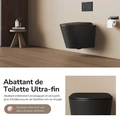 EMKE WC Suspendu Noir Mat en Céramique, Sans Bord, Double Chasse, Abattant UF Amovible Frein de Chute 360x365x490 mm