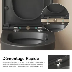 EMKE WC Suspendu Noir Mat en Céramique, Sans Bord, Double Chasse, Abattant UF Amovible Frein de Chute 360x365x490 mm