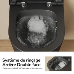 EMKE WC Suspendu Noir Mat en Céramique, Sans Bord, Double Chasse, Abattant UF Amovible Frein de Chute 360x365x490 mm