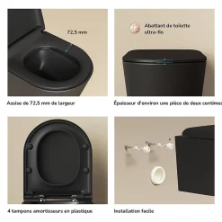 EMKE WC Suspendu Noir Mat en Céramique, Sans Bord, Double Chasse, Abattant UF Amovible Frein de Chute 360x365x490 mm