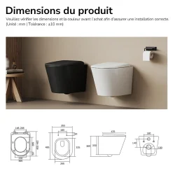 EMKE WC Suspendu Noir Mat en Céramique, Sans Bord, Double Chasse, Abattant UF Amovible Frein de Chute 360x365x490 mm