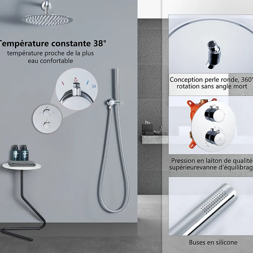 Colonne De Douche Encastrable|Homelody Encastré Colonne de Douche Thermostatique Système de Douche Rond Grande Douche de Tête Set de Douche Encastrée en Laiton Chromé