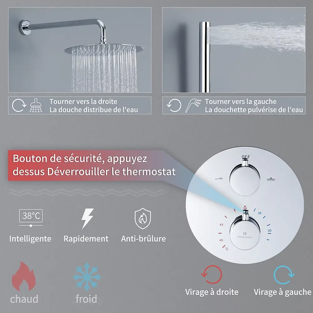 Colonne De Douche Encastrable|Homelody Encastré Colonne de Douche Thermostatique Système de Douche Rond Grande Douche de Tête Set de Douche Encastrée en Laiton Chromé