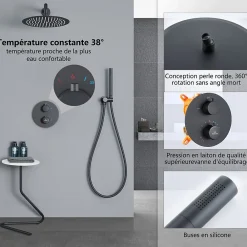 Homelody Encastré Ensemble de Douche Thermostatique Colonne de Douche Noir Système de douche Corps en Laiton