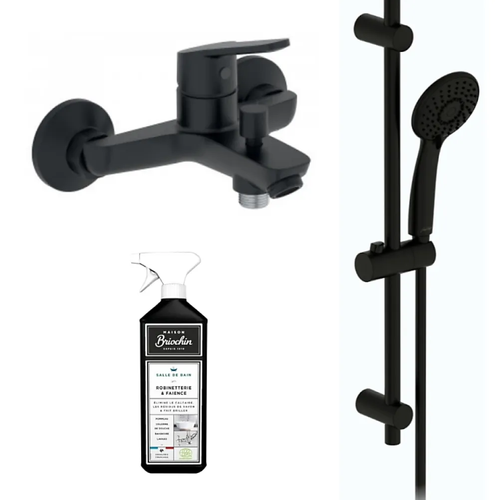 Robinet De Baignoire|Jacob Delafon Ensemble bain douche avec mitigeur mécanique mural Aimé noir + nettoyant