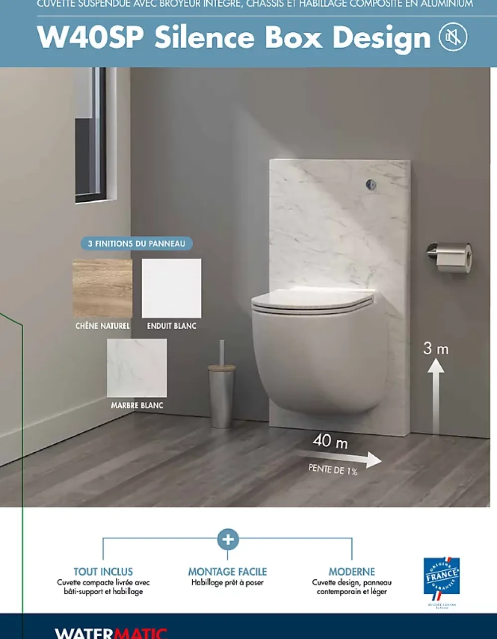 Watermatic Ensemble bâti-support+habillage couleur marbre blanc +Sanibroyeur+cuvette+abattant W40 Silence PMR norme handicapés