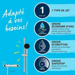 Grohe Ensemble de douche avec mitigeur thermostatique, pommeau 1 jet, barre 60cm et flexible - 34800001 - Economie d'eau - Chrom