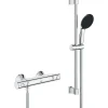 Grohe Ensemble de douche avec mitigeur thermostatique, pommeau 1 jet, barre 60cm et flexible - 34597001 - Economie d'eau - Chrom