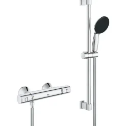 Grohe Ensemble de douche avec mitigeur thermostatique, pommeau 1 jet, barre 60cm et flexible - 34597001 - Economie d'eau - Chrom