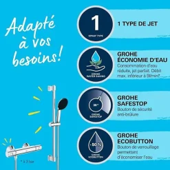 Grohe Ensemble de douche avec mitigeur thermostatique, pommeau 1 jet, barre 60cm et flexible - 34597001 - Economie d'eau - Chrom
