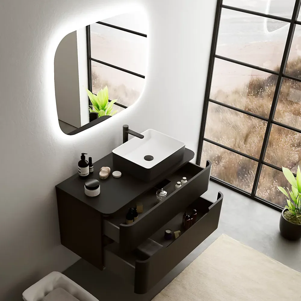 Ensemble de salle de bains L.104 cm meuble sous vasque version droite + plan de toilette noir mat, Alba